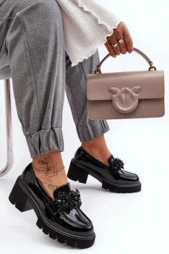 New Damskie Lakierowane Półbuty Z Ozdobą Czarne Renesma Damskie Mokasyny Damskie Lakierowane