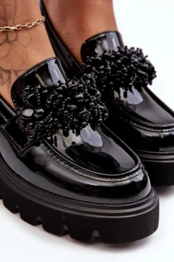 New Damskie Lakierowane Półbuty Z Ozdobą Czarne Renesma Damskie Mokasyny Damskie Lakierowane