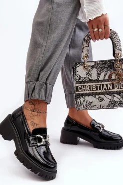 Hot Boto Damskie Lakierowane Półbuty Na Masywnym Obcasie Czarne Lemmitty