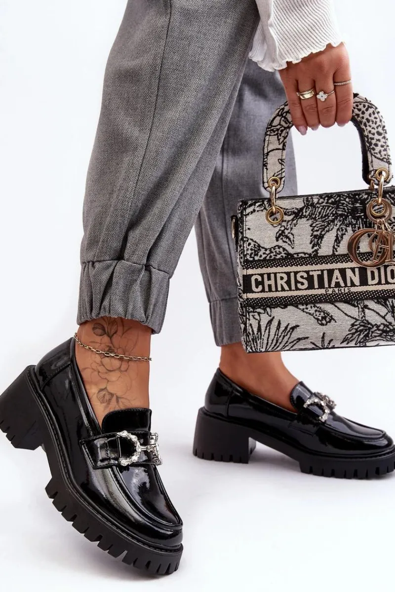 Hot Boto Damskie Lakierowane Półbuty Na Masywnym Obcasie Czarne Lemmitty