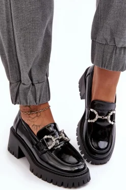 Hot Boto Damskie Lakierowane Półbuty Na Masywnym Obcasie Czarne Lemmitty