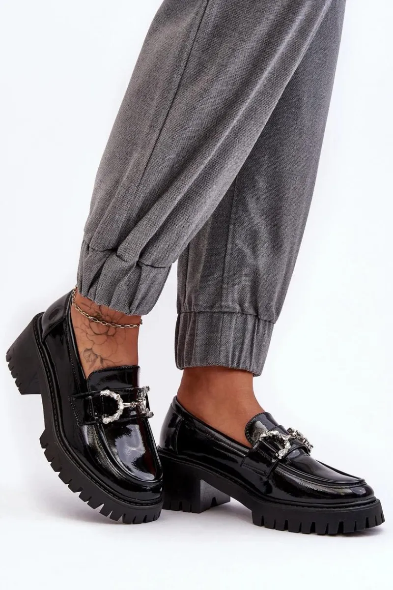 Hot Boto Damskie Lakierowane Półbuty Na Masywnym Obcasie Czarne Lemmitty