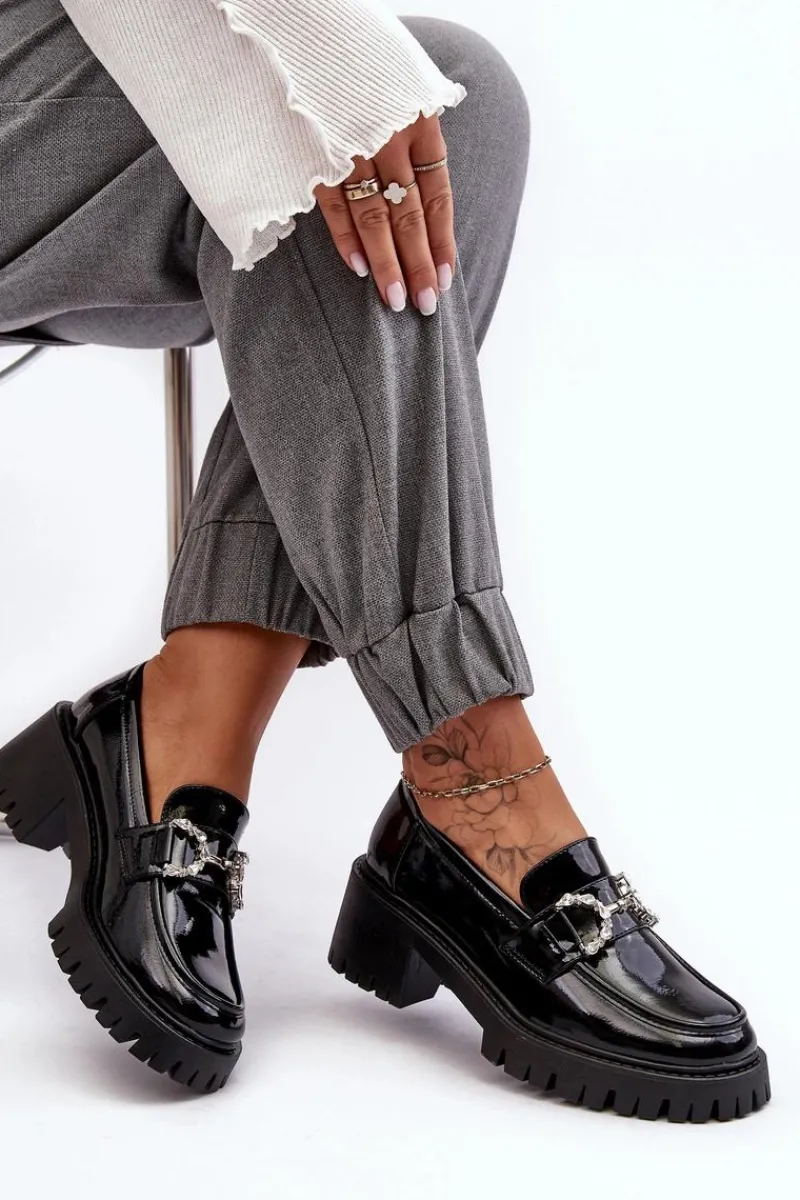 Hot Boto Damskie Lakierowane Półbuty Na Masywnym Obcasie Czarne Lemmitty