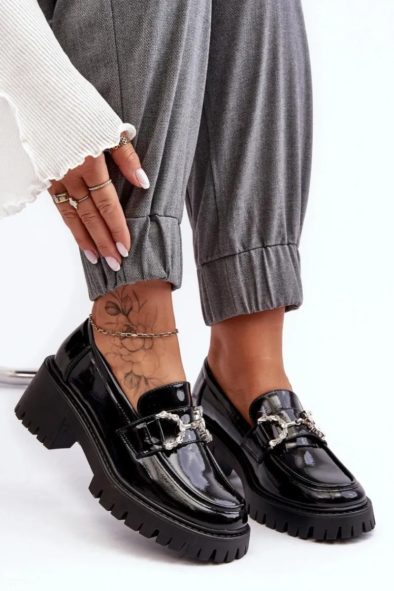 Hot Boto Damskie Lakierowane Półbuty Na Masywnym Obcasie Czarne Lemmitty