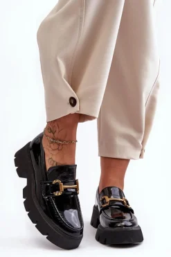 Sale Damskie Lakierowane Półbuty Loafery Z Ozdobą Czarne Peuria Damskie Mokasyny Damskie Lakierowane