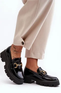 Sale Damskie Lakierowane Półbuty Loafery Z Ozdobą Czarne Peuria Damskie Mokasyny Damskie Lakierowane