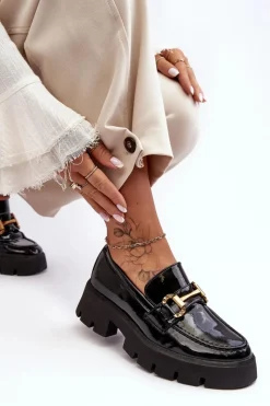 Sale Damskie Lakierowane Półbuty Loafery Z Ozdobą Czarne Peuria Damskie Mokasyny Damskie Lakierowane