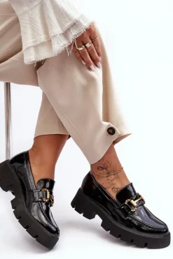 Sale Damskie Lakierowane Półbuty Loafery Z Ozdobą Czarne Peuria Damskie Mokasyny Damskie Lakierowane