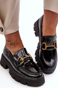 Sale Damskie Lakierowane Półbuty Loafery Z Ozdobą Czarne Peuria Damskie Mokasyny Damskie Lakierowane