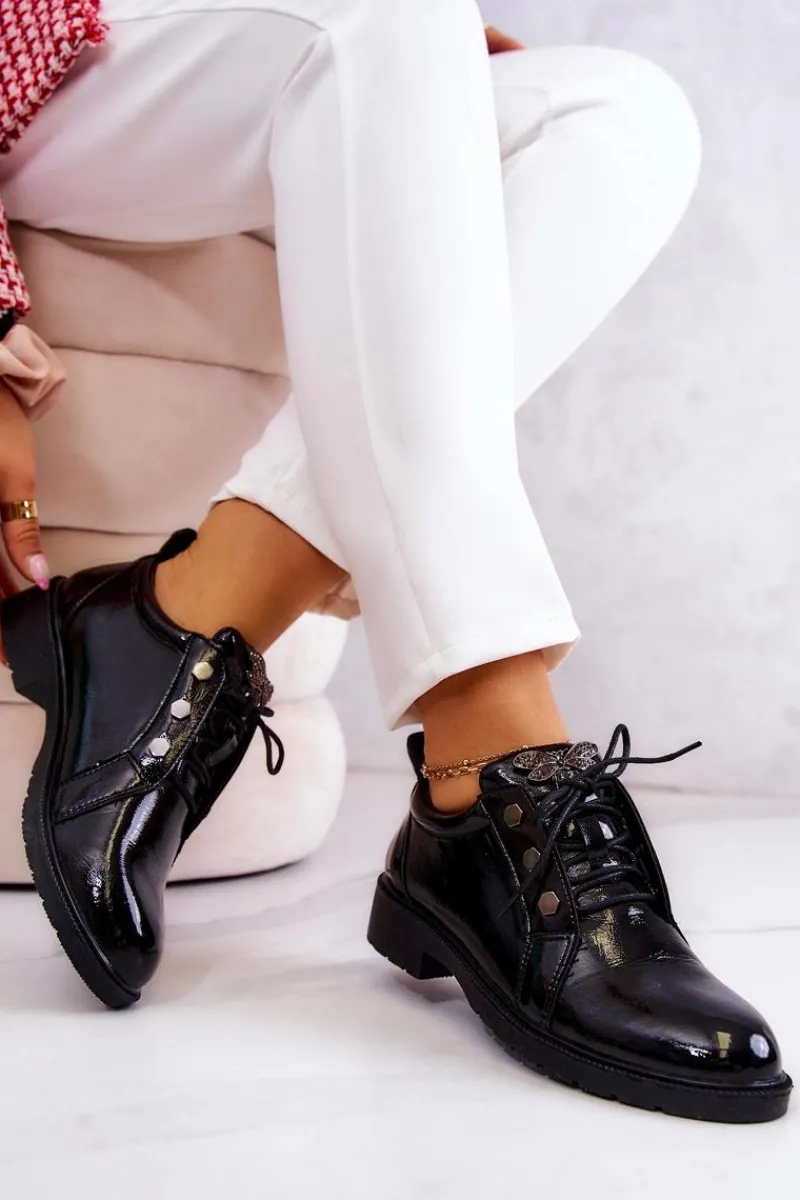 Damskie Lakierowane Półbuty Z Ozdobą Czarne Harvey Damskie Półbuty Lakierowane