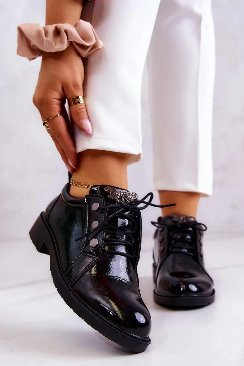 Damskie Lakierowane Półbuty Z Ozdobą Czarne Harvey Damskie Półbuty Lakierowane