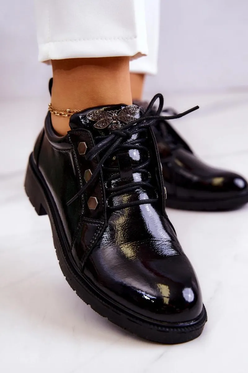 Damskie Lakierowane Półbuty Z Ozdobą Czarne Harvey Damskie Półbuty Lakierowane