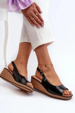 Sandały Na Koturnie>Buty Sergio Leone Damskie Lakierowane Sandały Na Koturnie Sergio Leone SK301 Czarne Czarny