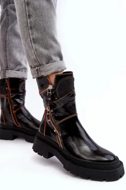 New Maciejka Damskie Lakierowane Skórzane Botki Z Suwakami 06238-18 Czarne