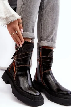 New Maciejka Damskie Lakierowane Skórzane Botki Z Suwakami 06238-18 Czarne