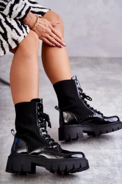 Best Boto Damskie Lakierowane Workery Botki Ze Skarpetą Czarne Abigail