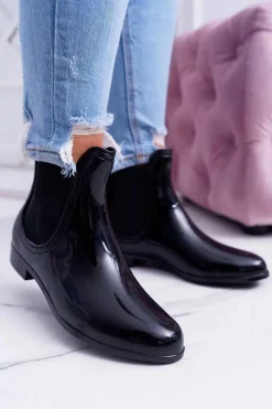 Outlet Boto Damskie Lakierowane Wsuwane Czarne Kalosze Pola