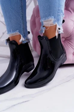 Outlet Boto Damskie Lakierowane Wsuwane Czarne Kalosze Pola