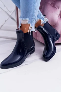 Kalosze Damskie>Boto Damskie Lakierowane Wsuwane Kalosze Granatowe Pola