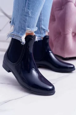 Kalosze Damskie>Boto Damskie Lakierowane Wsuwane Kalosze Granatowe Pola