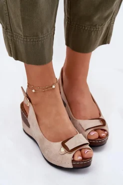 Online Evento Damskie Lekkie Sandały Na Koturnie Comfort Shoes Beżowo-Złote Efravia