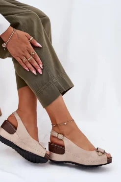 Online Evento Damskie Lekkie Sandały Na Koturnie Comfort Shoes Beżowo-Złote Efravia