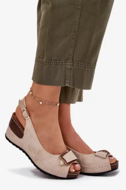 Online Evento Damskie Lekkie Sandały Na Koturnie Comfort Shoes Beżowo-Złote Efravia