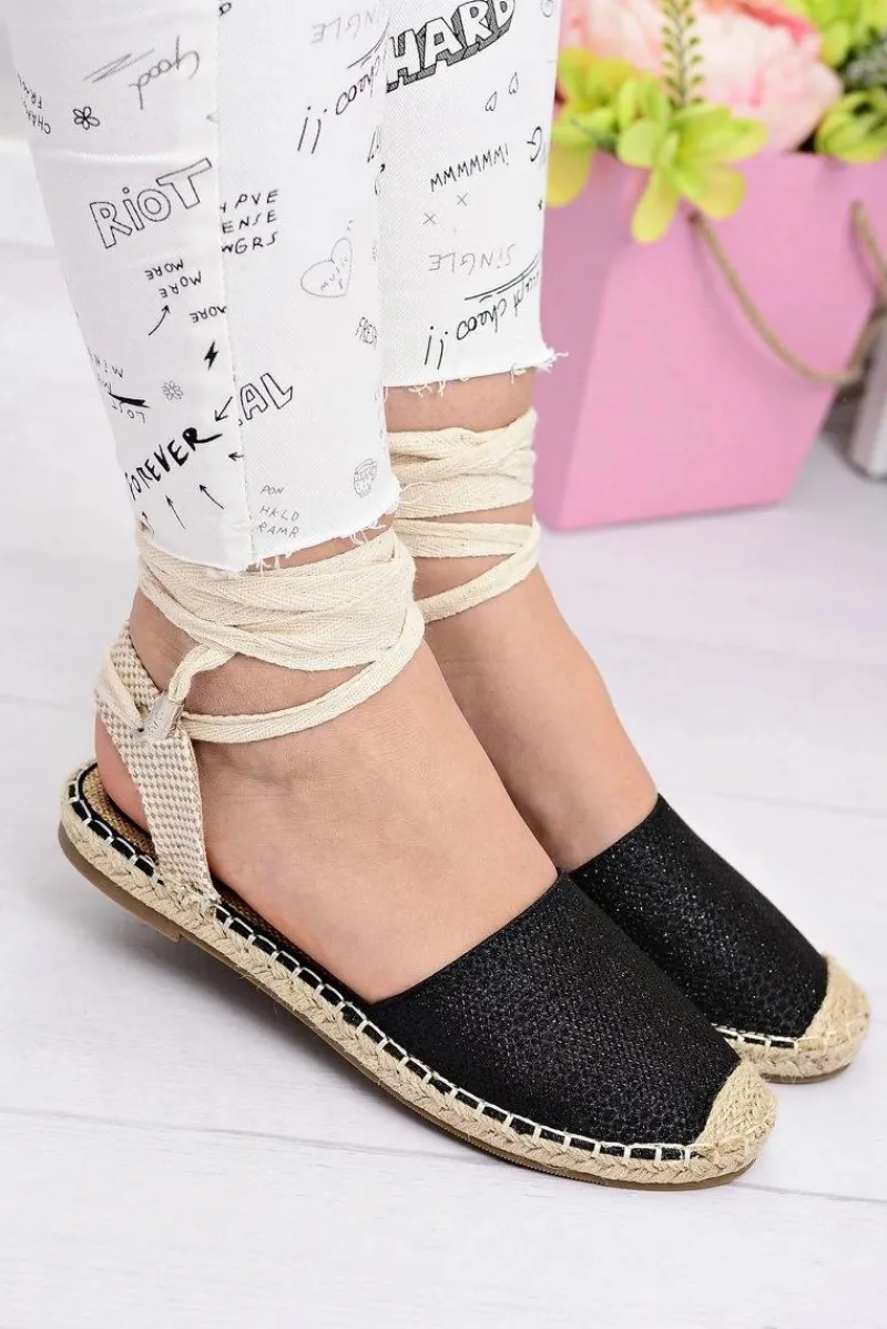 Czarne Espadryle>Boto Damskie Lniane Balerinki Wiązane Czarne Espadryle Sea