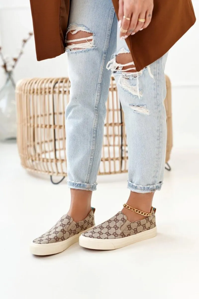 Trampki Damskie Niskie>Boto Damskie Logowane Tenisówki Slip-On Khaki Challenge