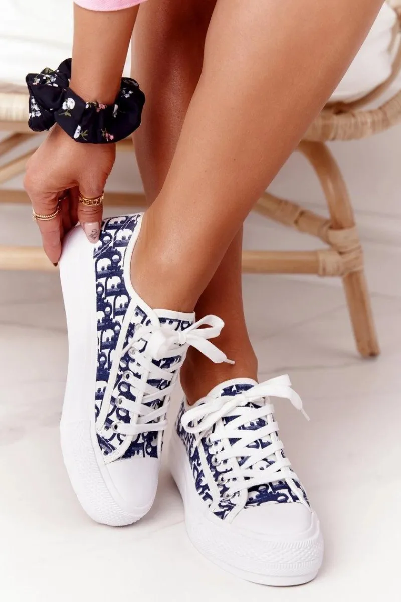 Trampki Damskie Niskie>Boto Damskie Logowane Trampki Biało-Granatowe Daphne