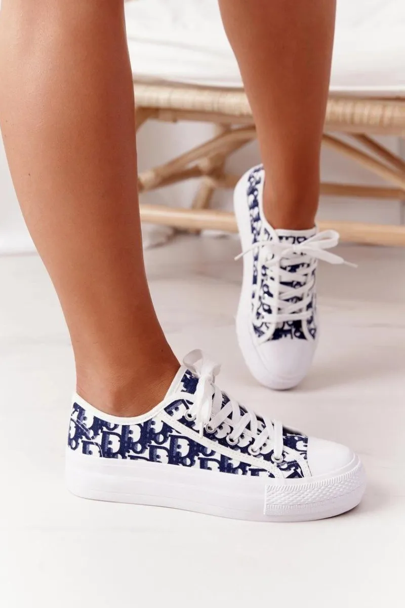 Trampki Damskie Niskie>Boto Damskie Logowane Trampki Biało-Granatowe Daphne