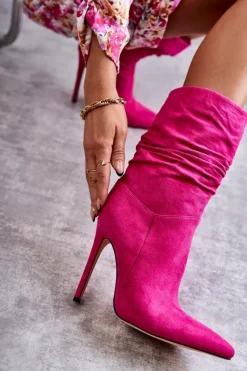 Online Damskie Marszczone Botki Kozaki Różowe Laguna Damskie Kozaki Przed Kolano|Kozaki Na Obcasie