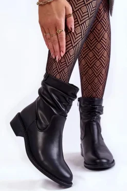 New Damskie Marszczone Botki Na Płaskim Obcasie Czarne Sersa Damskie Czarne Botki|Botki Zimowe Damskie