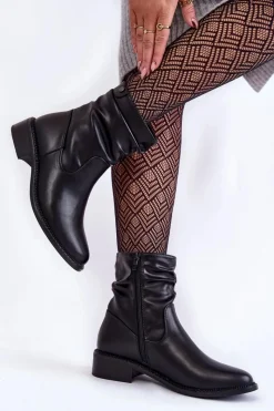 New Damskie Marszczone Botki Na Płaskim Obcasie Czarne Sersa Damskie Czarne Botki|Botki Zimowe Damskie