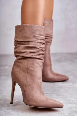 Outlet Boto Damskie Marszczone Botki Kozaki Brązowe Laguna Brązowy