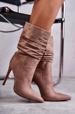 Outlet Boto Damskie Marszczone Botki Kozaki Brązowe Laguna Brązowy