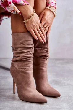 Outlet Boto Damskie Marszczone Botki Kozaki Brązowe Laguna Brązowy