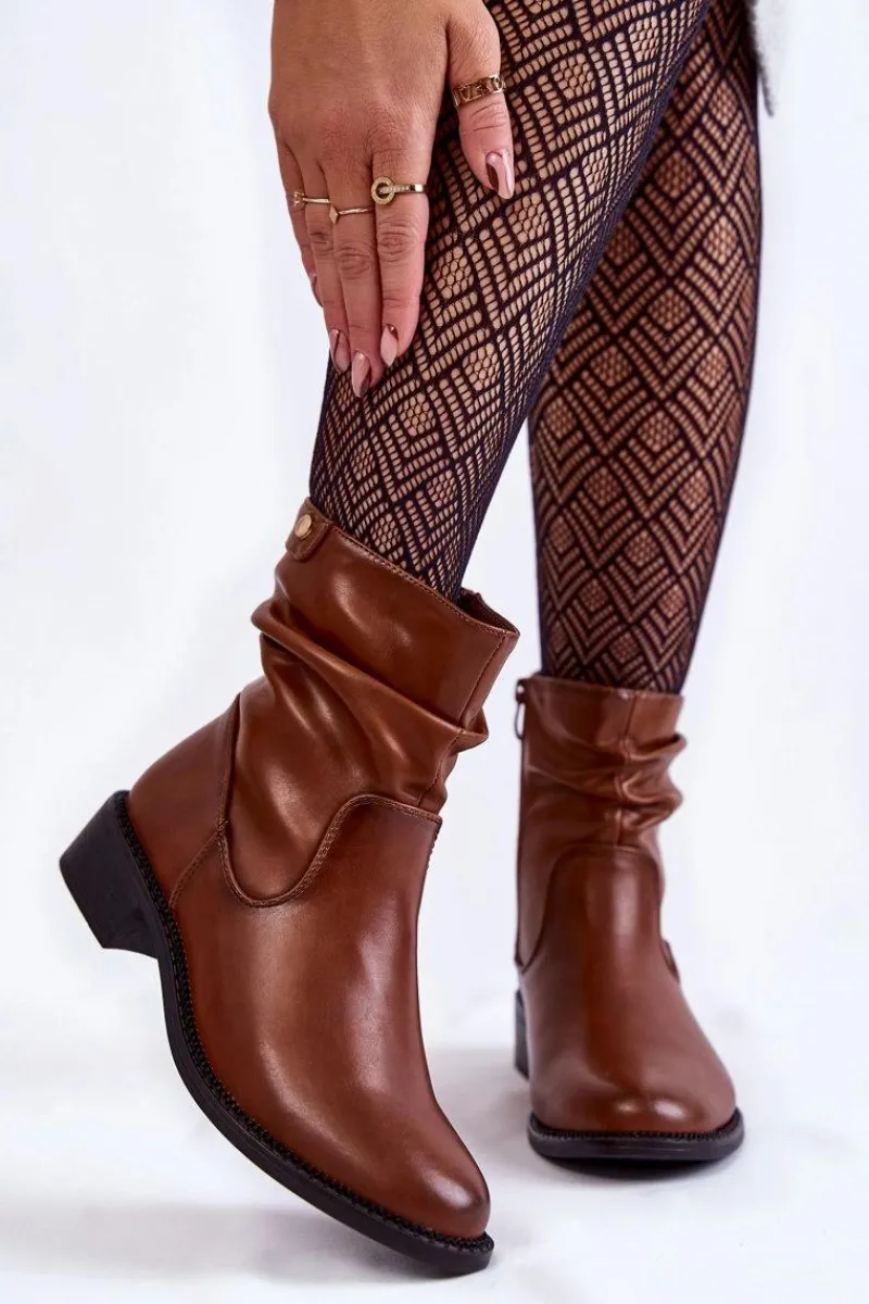 Best Buty Sergio Leone Damskie Marszczone Botki Na Płaskim Obcasie Brązowe Sersa