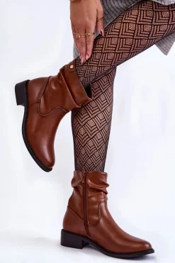 Best Buty Sergio Leone Damskie Marszczone Botki Na Płaskim Obcasie Brązowe Sersa