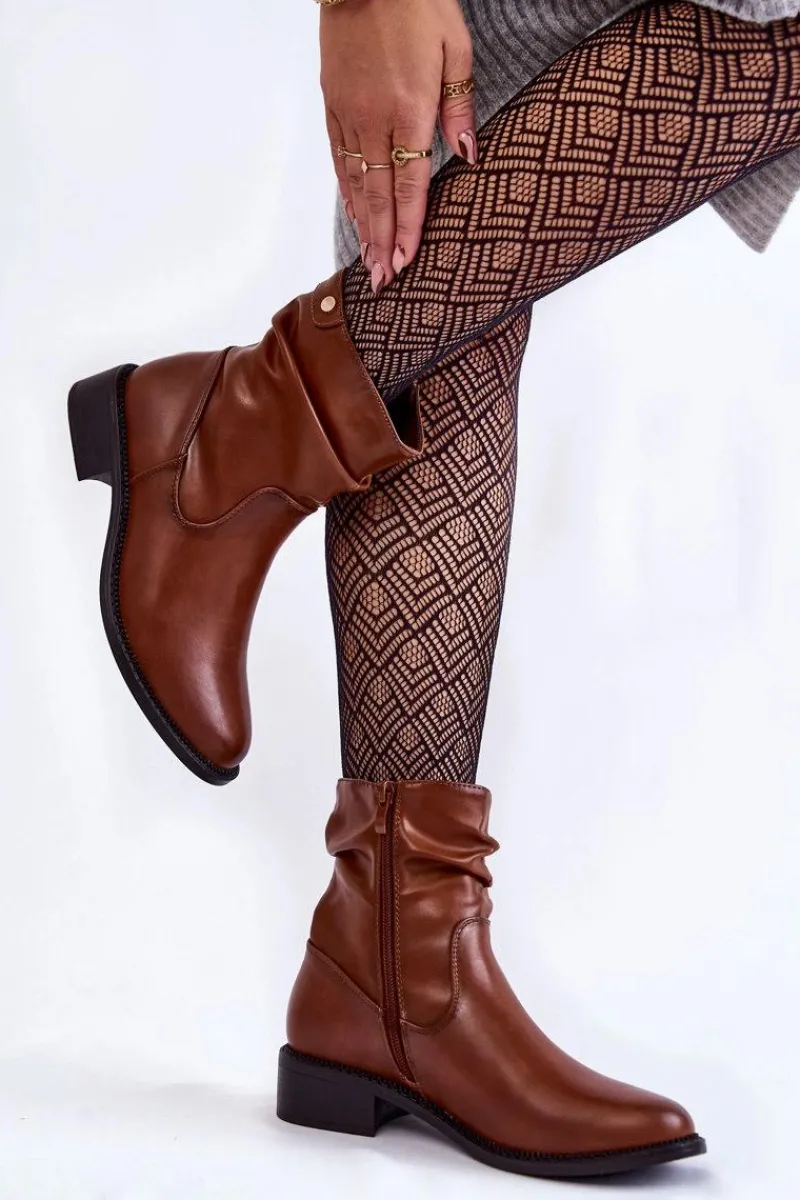 Best Buty Sergio Leone Damskie Marszczone Botki Na Płaskim Obcasie Brązowe Sersa