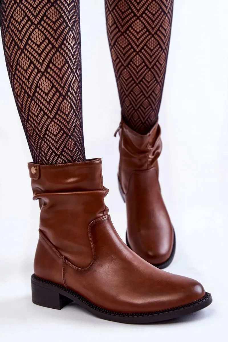 Best Buty Sergio Leone Damskie Marszczone Botki Na Płaskim Obcasie Brązowe Sersa