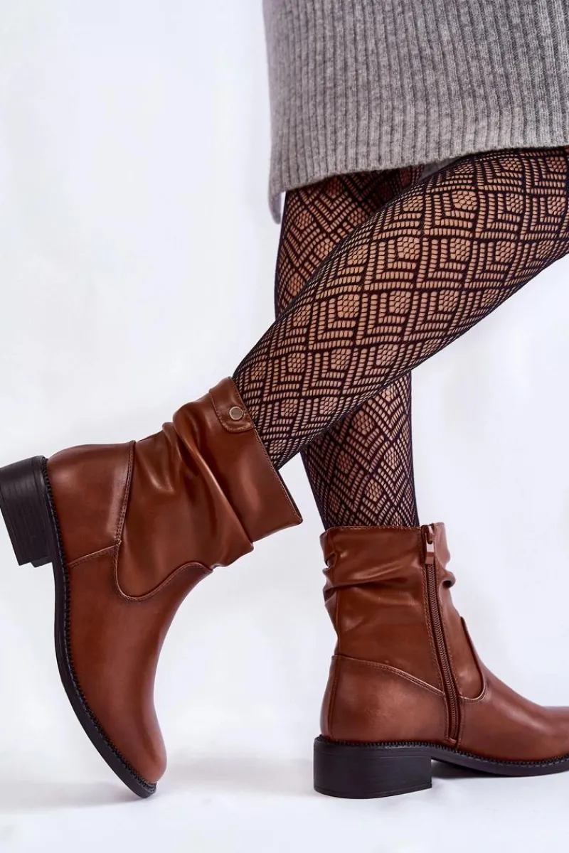 Best Buty Sergio Leone Damskie Marszczone Botki Na Płaskim Obcasie Brązowe Sersa