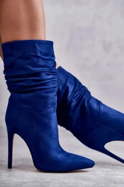 Kozaki Przed Kolano|Kozaki Na Obcasie></noscript>Boto Damskie Marszczone Botki Kozaki e Laguna Niebieski