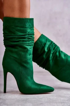 Discount Boto Damskie Marszczone Botki Kozaki Zielone Laguna Zielony