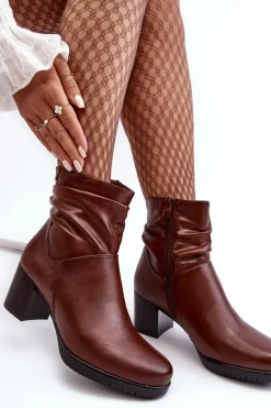 Damskie Marszczone Botki Na Słupku Brązowe Liriam Damskie Botki Zimowe Damskie|Brązowe I Beżowe Botki