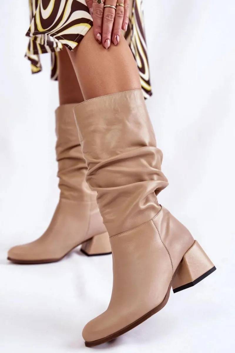 Kozaki Wiosenne|Kozaki Przed Kolano>Boto Damskie Marszczone Skórzane Kozaki Beżowe Alfra