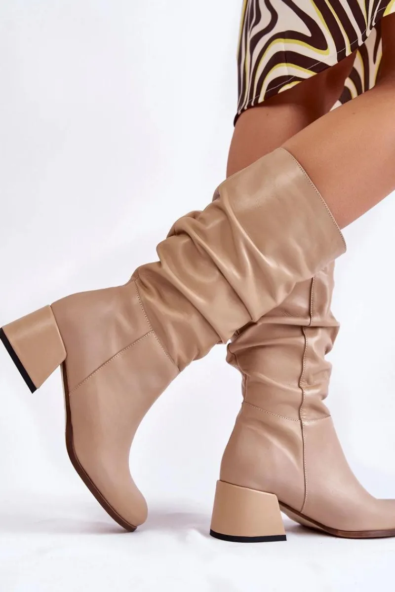 Kozaki Wiosenne|Kozaki Przed Kolano>Boto Damskie Marszczone Skórzane Kozaki Beżowe Alfra