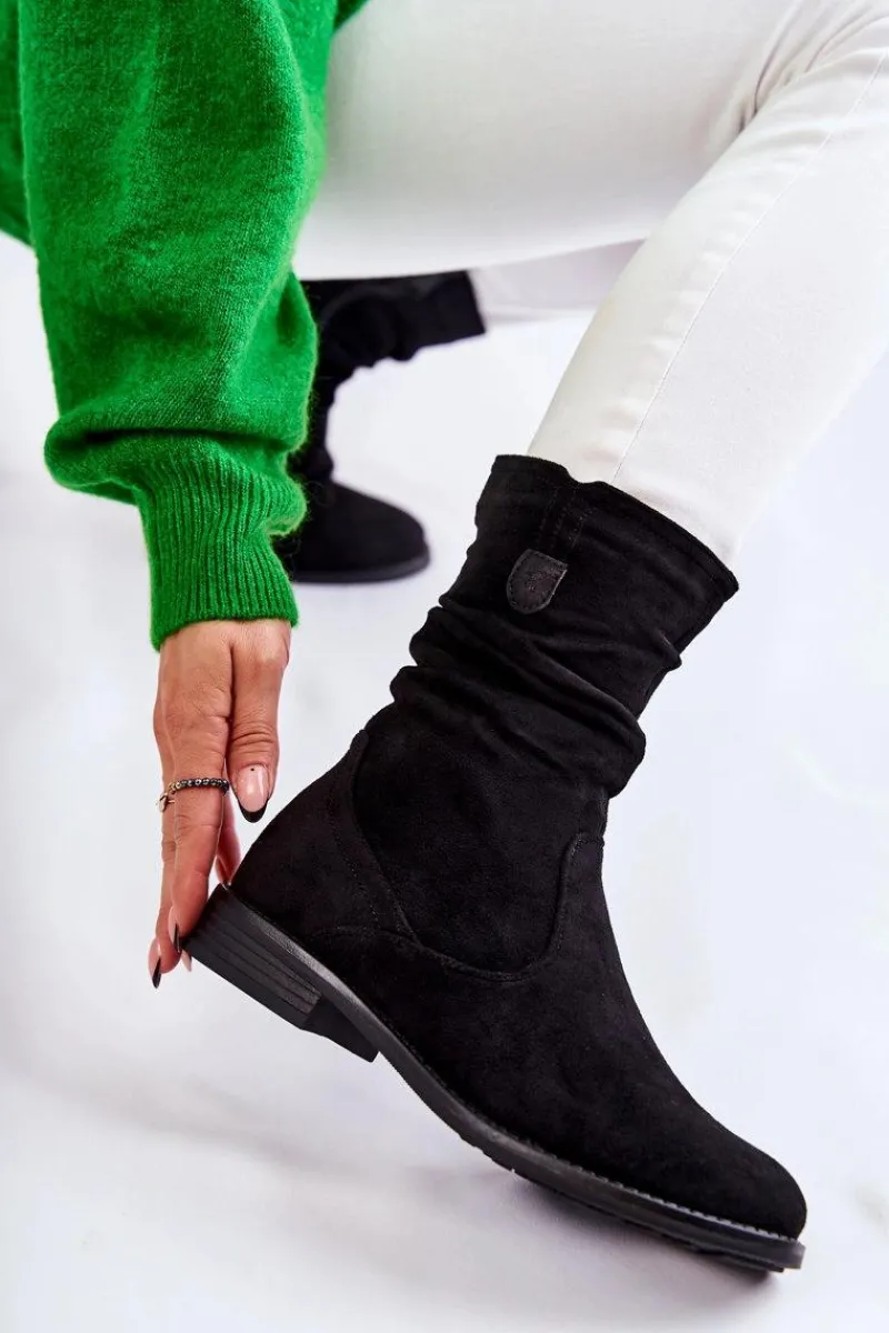 Botki Wiosenne|Czarne Botki>Damskie buty S.Barski Damskie Marszczone Zamszowe Botki Czarne Joanne