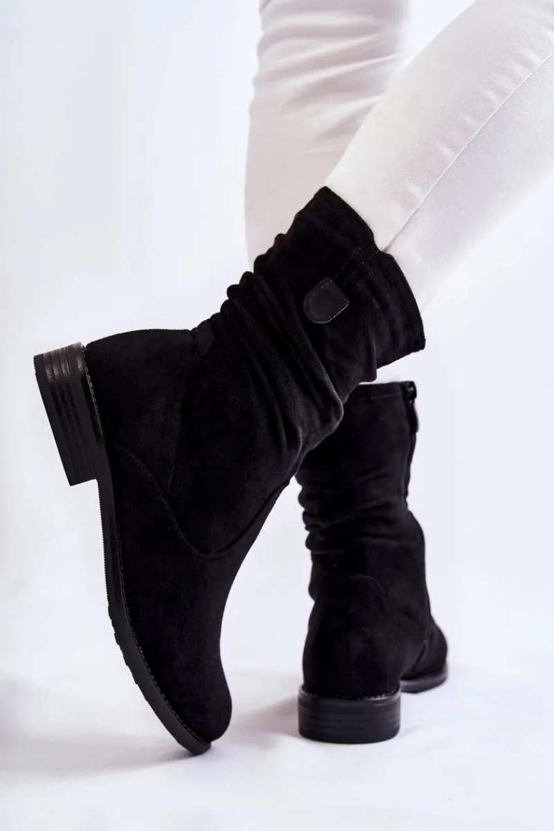 Botki Wiosenne|Czarne Botki>Damskie buty S.Barski Damskie Marszczone Zamszowe Botki Czarne Joanne