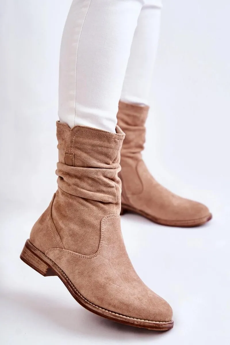 Damskie buty S.Barski Damskie Marszczone Zamszowe Botki Beżowe Joanne